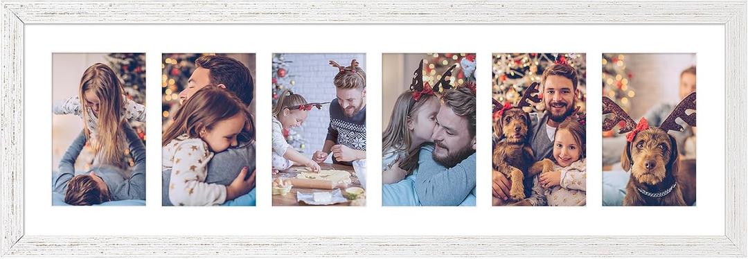 8x26 Collage Frame with 6 Openings 4X6 Pictures, Multiple Picture Frame with Mat, Wall or Tabletop Decor, White Wood Grain (1 Pack)
