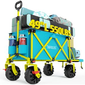 49" L Extra Long Beach Wagon with Tailgate,Big Wheels with Brake for Sand, Collapsible Utility Beach Cart Heavy Duty Folding Wagon,Ideal for Outdoor Sand Camping Garden Pet (Green)