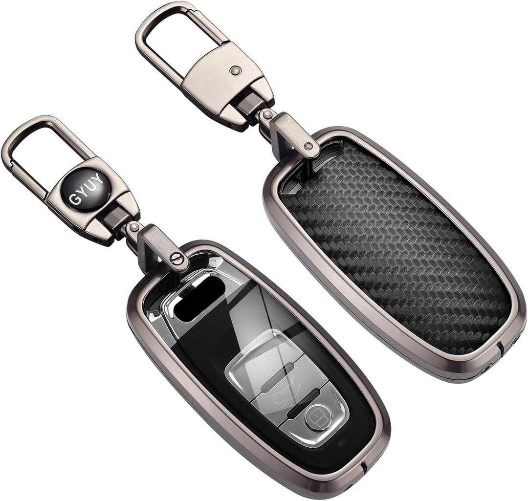 GYUY Premium Key Fob Cover - Zinc Alloy Frame, Clear TPU Protection Carbon Fiber Leather Backplate Metal Buckle Design Compatible with Audi R8/Q5/Q7, S3-S8/SQ5, RS5/RS7, A4-A8 Smart Keys (Black)