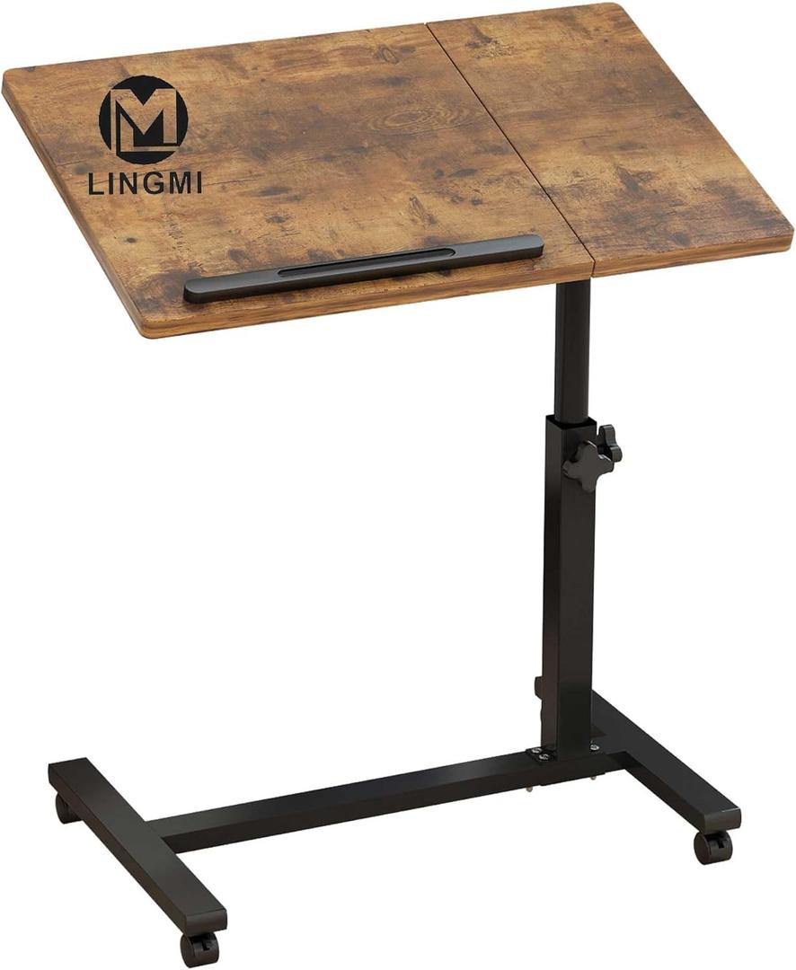 Overbed Bedside Desk Mobile Rolling Laptop Stand Tilting Overbed Table with Wheels Height Adjustable Tray Table for Laptop Bed Sofa Side Table (Rustic Brown)