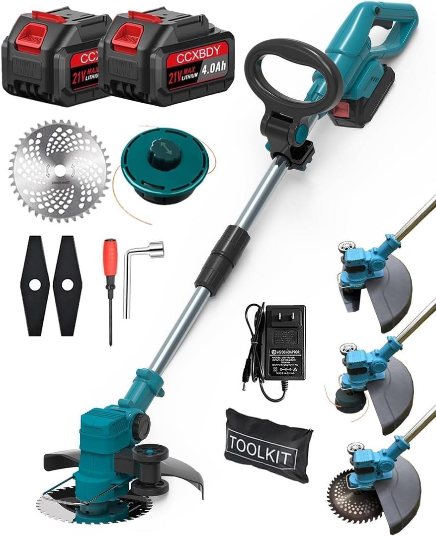 Electric Weed Wacker Cordless, 21V Electric Weed Cordless Eater Battery Powered with 2Pcs 4.0Ah Batteries, 3 in 1 Stringless Grass Trimmer/Edger/Brush Cutter for Lawn Yard Garden (blue orange)