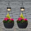 BAYN 2 Packs Solar Hanging Basket Planters for Plants Outdoor, Self Watering Black Flower Plants Pots with Solar Light Drainer for Balcony Patio Garden Outdoor Decoration