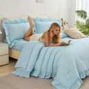 Blue Ruffle Bedding Set Seersucker Full Size Bed in A Bag 5 Pieces Soft Fluffy Bed Set All Seasons Shabby Chic Ruffled Comforter Set for Girls Women Room Decor(Blue, Full)