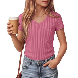 LessonZoo Girls Shirts Short Sleeve V Neck Ribbed Slim Fit Kids Tops Comfy Cute Summer Teen Girl Basic Tees(Peach Red,7-8 Years) (Pink)