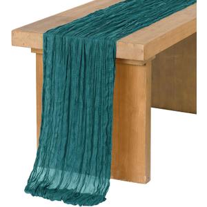 Ling's moment Blue Cheesecloth Table Runner, 168 Inch 14FT Teal Blue Boho Gauze Rustic Sheer Cheese Cloth Table Runners for Party Wedding Birthday Outdoor Bridal Shower Decor