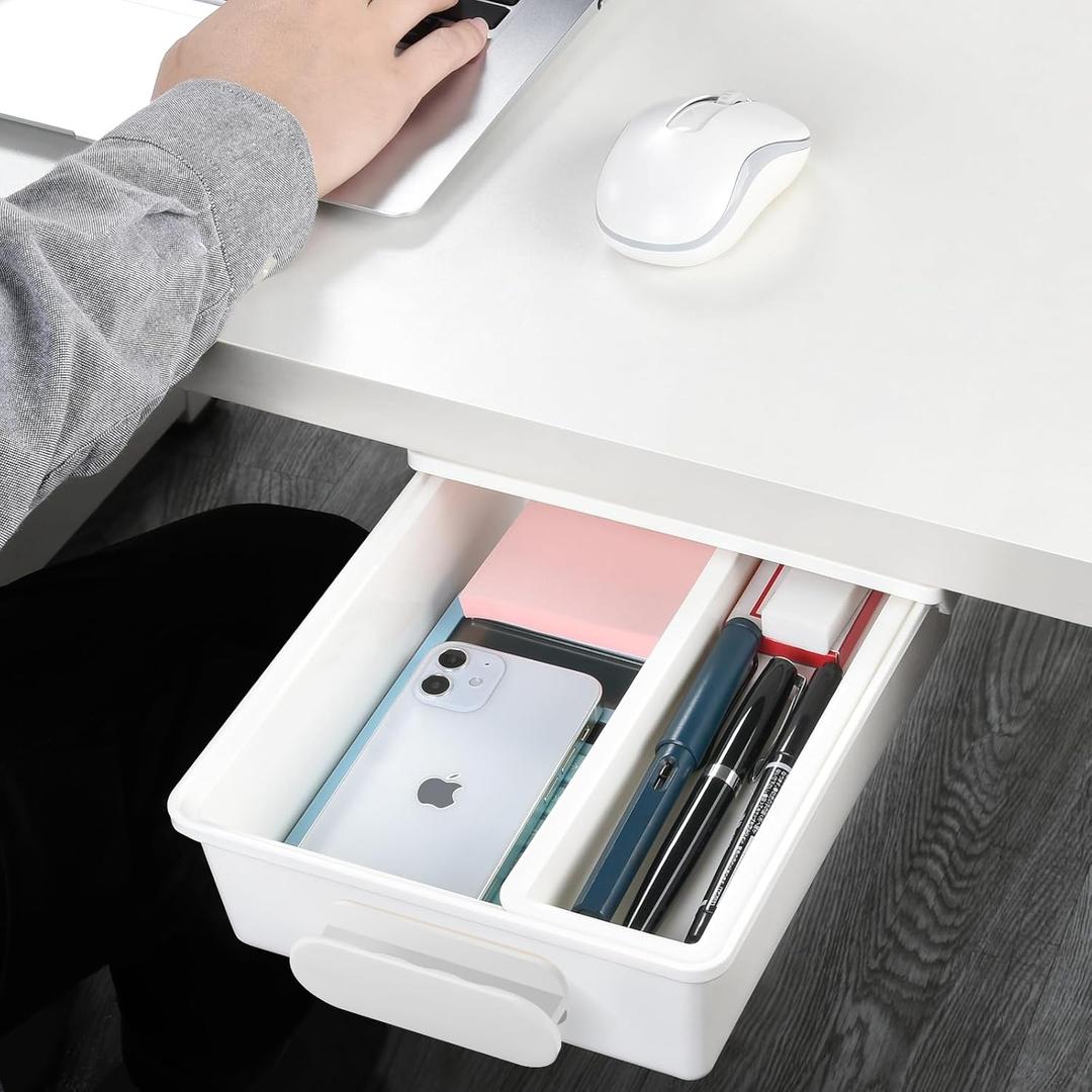 Under Desk Drawer, Self-Adhesive Storage for Office/Bedroom/School/Kitchen, Holds iPad/Phone/Pens/Pencils/Keys/Cutlery (Medium-White)