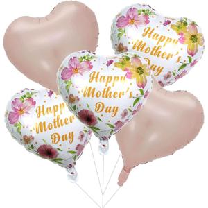 Pink Mother's Day Balloons Flowers Heart Balloons for Mother's Day Birthday Party Decorations Decor Supplies Mothers Party Balloon Set-5 PCS