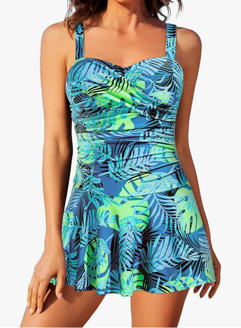 Aqua Eve One Piece Swim Dress Tummy Control Swimsuit with Skirt Modest Bathing Suit Vintage Swimdress, M