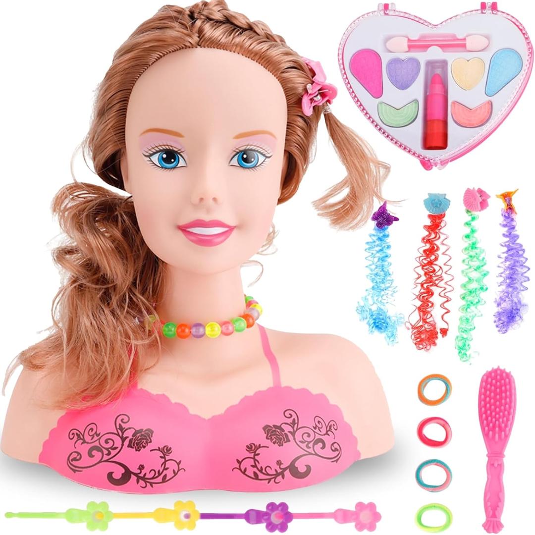 Makeup and Hair Styling Doll Head Toy Kit - Kids Pretend Play Set with Real Washable Cosmetics and Style Accessories for Little Girls