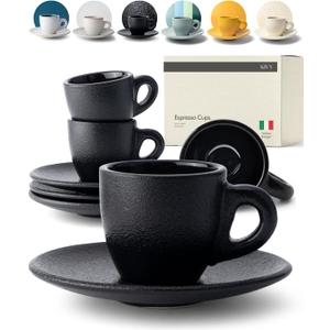 KIVY 3 oz Espresso cups set of 4 - Thick walled stoneware espresso cup set - Italian style cups and saucers - Demitasse cups set of 4 - Espresso mugs black - Coffee shot cups & saucers