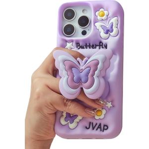 Kawaii 3D Butterfly Phone Case for iPhone 14 (with Retractable Phone Stand & Grip) Cute Girly Cartoon Soft Silicone Phone Cover for Girls, Boys, Kids, Teens, and Women, Purple