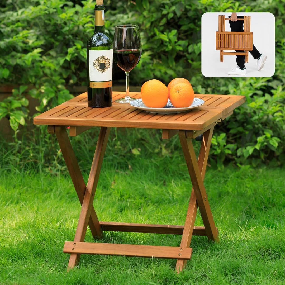 Idzo Mira Acacia Wood Folding Bistro Side Table Outdoor, 19.5 Inch x 19.5 Inch, Heavy Duty 200 Lbs Capacity Loading, Space-Saving for Garden & Balcony, No Assembly, Small Size