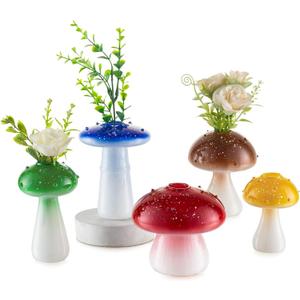 Glasseam Small Mushroom Vases for Flowers: Colorful Cute Glass Plant Propagation Station Holders Terrarium Jar, 5 Pcs Bud Vases Cottage Core Decor for Kitchen Bathroom Table Windowsill Indoor Party