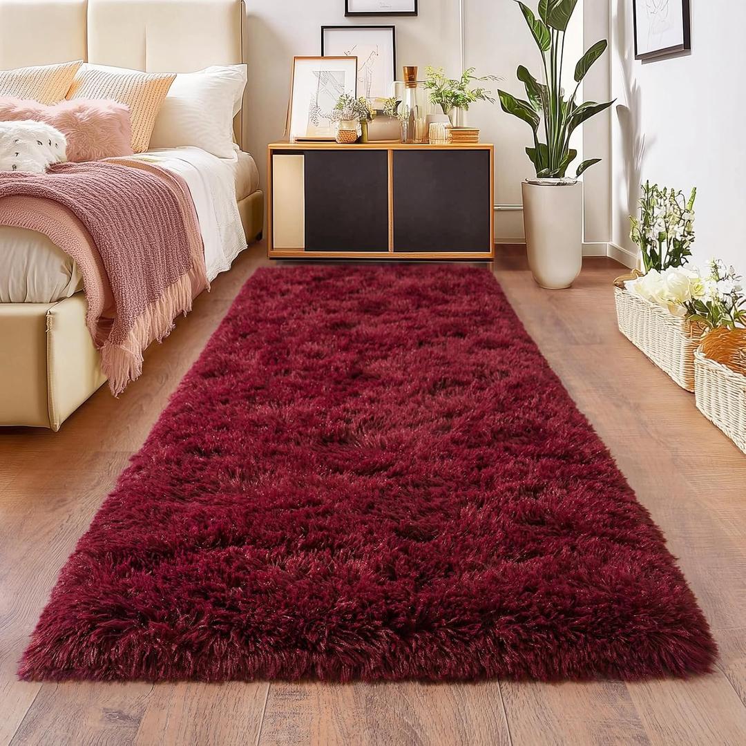 Burgundy Runner Rug for Hallway, Bedroom Bedside Plush Rugs, Non Slip Fluffy Shaggy Carpet for Kids Home Decor, Dorm Nursery 2x6 Ft