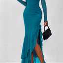 BTFBM Women's Maxi Dresses Fall 2025 Long Sleeve Ruched Bodycon Solid Ruffle Mermaid Cocktail Wedding Guest Dress (Lake Blue,Medium)