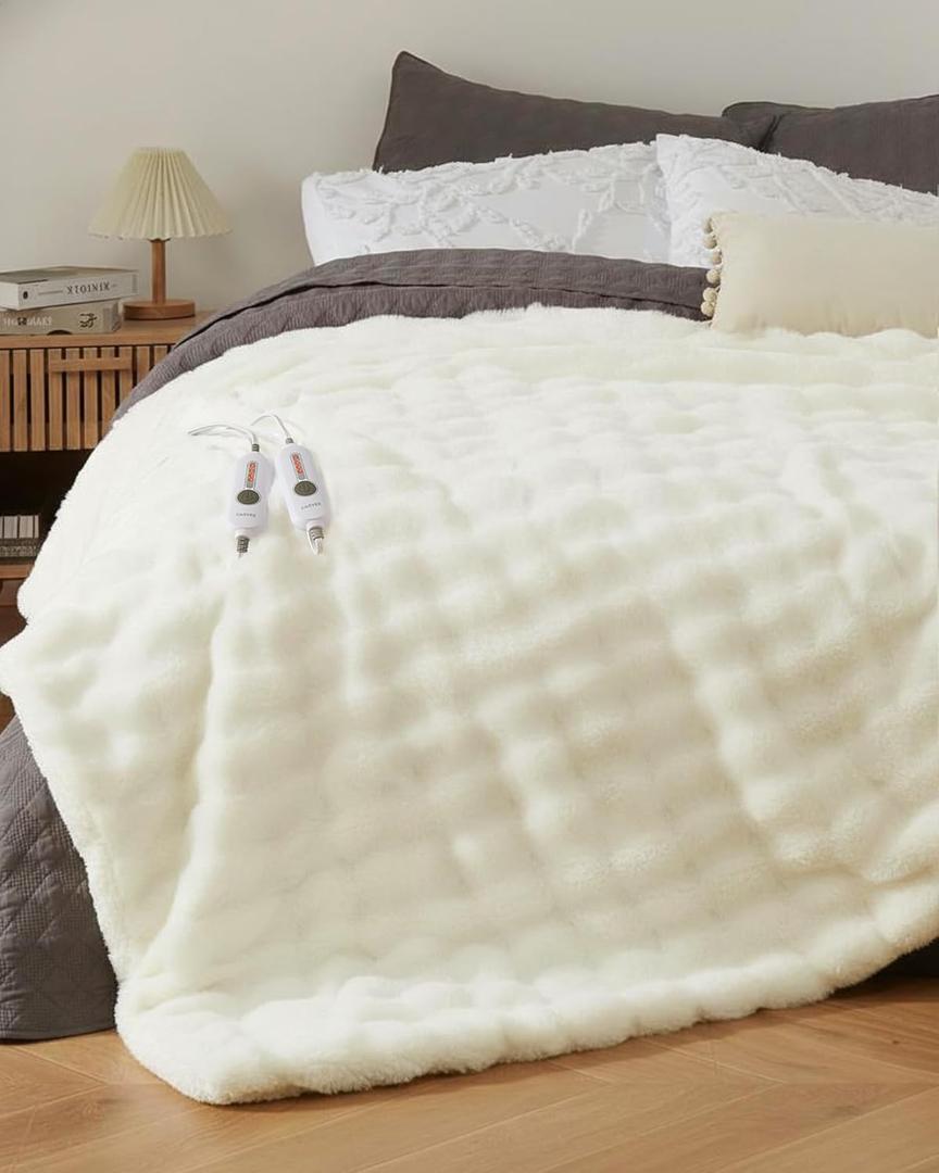GarveeHome Heated Blanket King, Dual Control Faux Fur Electric Blanket with 4 Heat Settings, Soft Bubble Heating Blanket with 8 Hour Auto-Off & Overheat Protection, for Home Bedroom, White (King 90"x100")