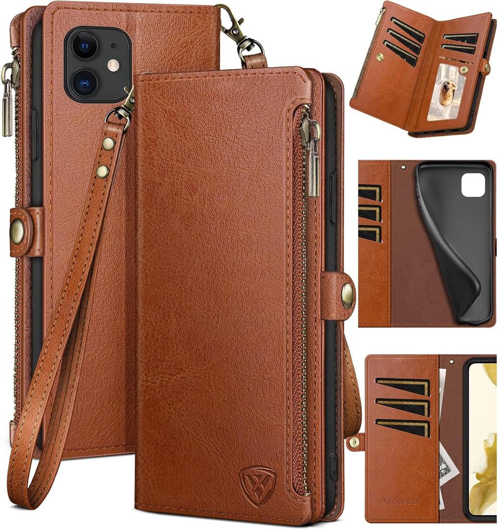 XcaseBar for iPhone 11 6.1" Wallet case with Zipper Credit Card Holder【RFID Blocking】, Flip Folio Book PU Leather Phone case Shockproof Cover Women Men for Apple 11 case Light Brown