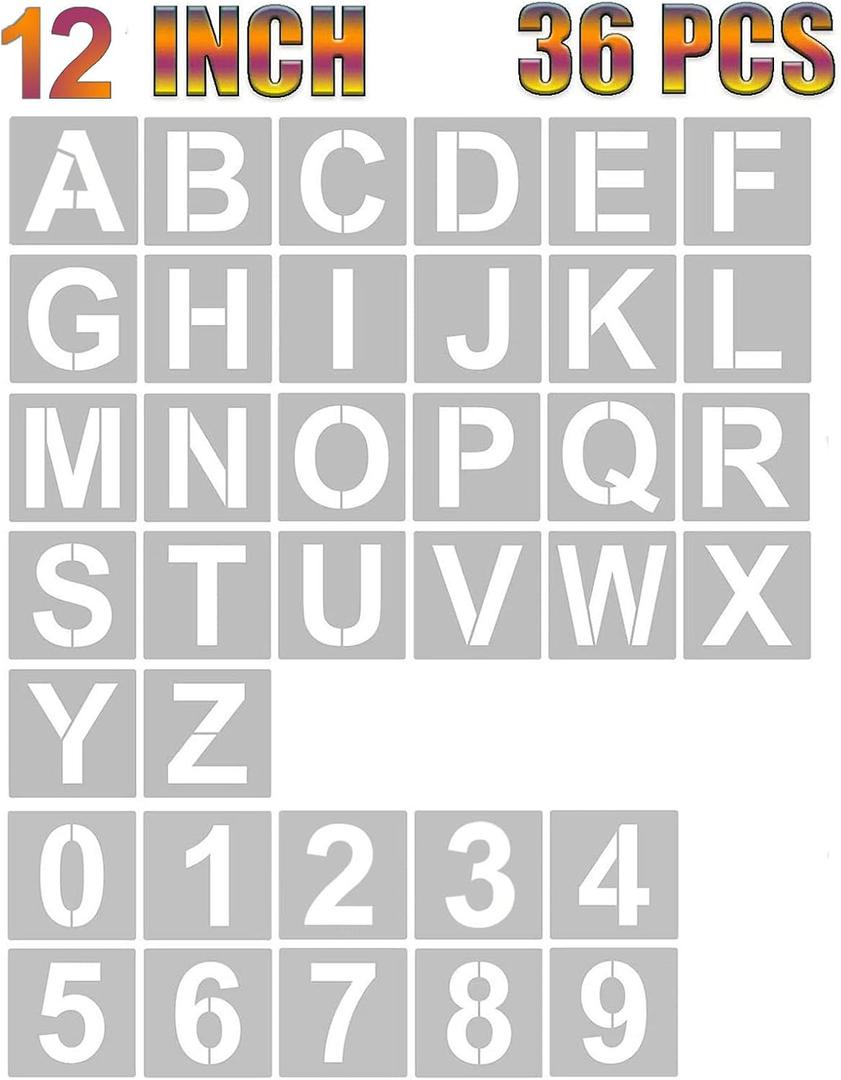 YEAJON 12 Inch Letter Stencils and Numbers, 36 Pcs Alphabet Art Craft Stencils, Reusable Plastic for Wood, Wall, Fabric, Rock, Chalkboard, Signage, DIY School Projects (12 Inch)