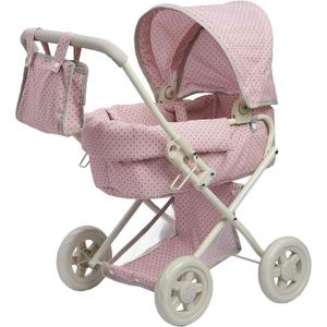 Olivia's Little World Buggy-Style Baby Doll Stroller with Retractable Canopy, Storage Underneath, Detachable Bassinet, Travel Nursery Bag, Comfortable to Push, Pink and Gray