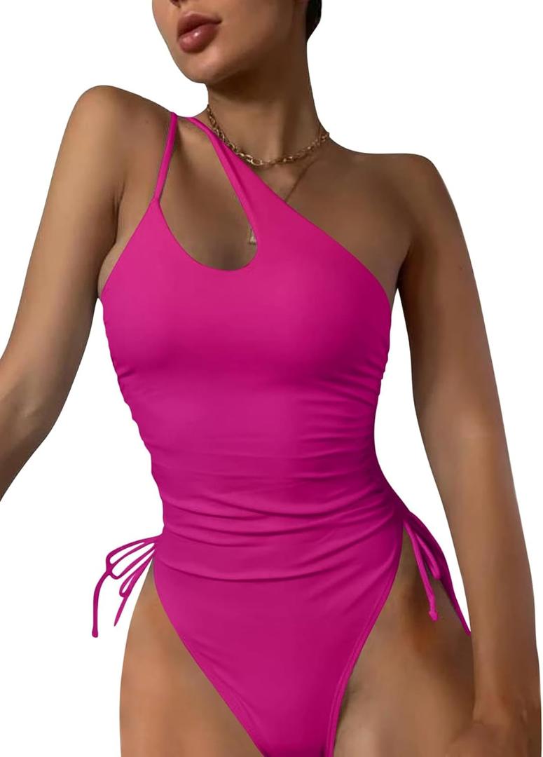 Eomenie Women's One Piece One Shoulder Swimsuit with Drawstring Tummy Control Bathing Suit Sexy High Cut Swim Suits (Medium, Hot Pink)