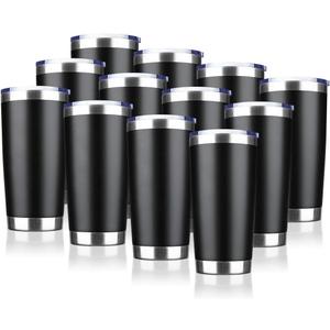 20oz Tumbler Bulk Stainless Steel Vacuum Insulated Tumblers with Lid Double Wall Travel Mug, Durable Powder Coated Coffee Cup, Suitable for Ice Drinks and Hot Beverage (Black 12pack)