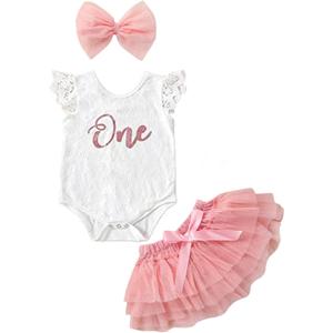 Newborn Baby Girls Baby Girls My 1st Birthday Outfits Romper + Tutu Skirt + Headband Set (9-12 Months, C12 Pink)