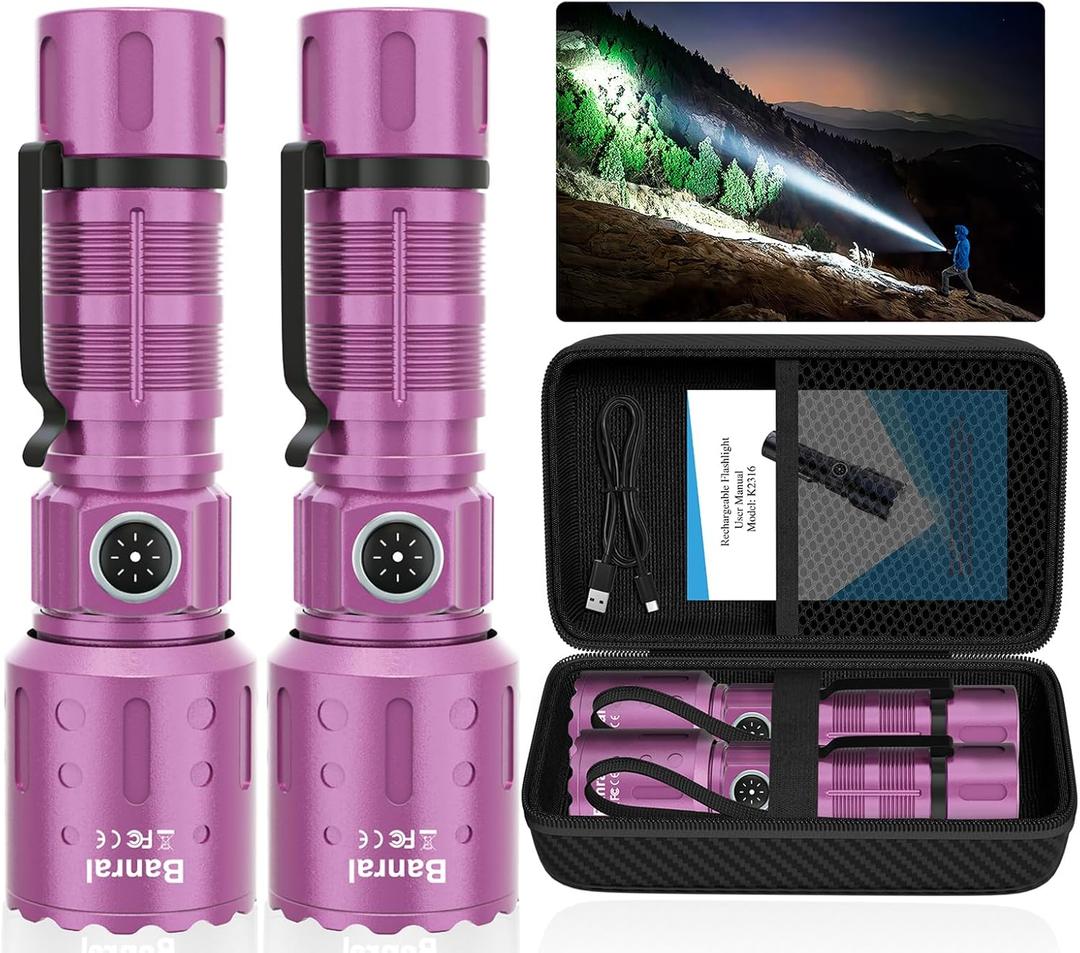 Banral Flashlights High Lumens Rechargeable, Super Bright Long Range Small Powerful Flashlight, 6 Modes LED Tactical Pocket Waterproof Flash Light for Home Emergency (2, Purple)