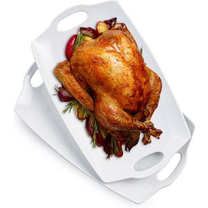 Turkey Serving Platter for Entertainment, Thanksgiving, Turkey, Serving Tray with Handles Large, Party, Display, LYEOBOH 16 inch Rectangle Porcelain Platters Set of 2, White