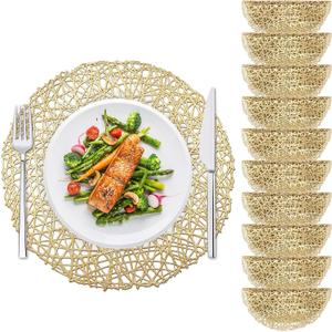 10Pcs Gold Placemats Round, Heat Resistant Woven Gold Placemats Hollow Out Pressed for Party Dinner Table, 14.96 inches