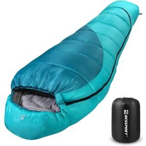 Bessport Mummy Sleeping Bag | 15-45  Extreme 3-4 Season Sleeping Bag for Adults Cold Weather Warm and Washable, for Hiking Traveling & Outdoor Activities (32-green&blue)