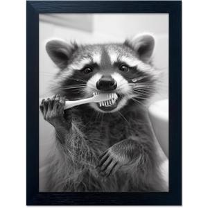 Raccoon Bathroom Art Wall Decor Black And White Animal Picture Funny Raccoon Brushing Teeth Art Farmhouse Framed Prints Painting (10"L x 8"W, JK0301)