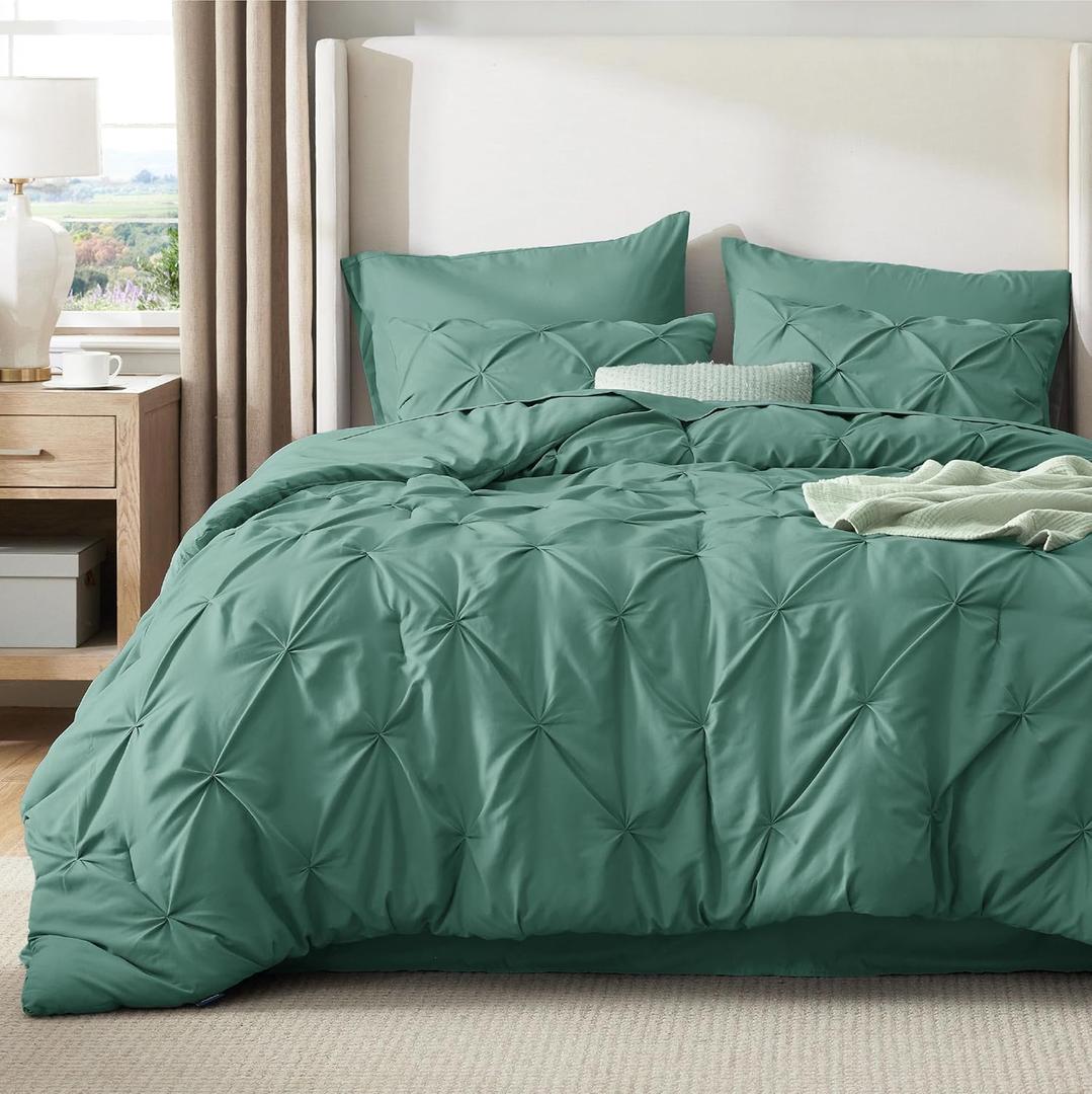 Bedsure California King Comforter Set Graysih Green - Bed in a Bag Cal King Bedding Set 7 Pieces, GentleSoft Pintuck Bed Set Gift for Family, Pinch Pleat Comforter with Sheets, Pillowcases & Shams