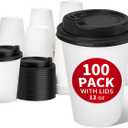 RACETOP 100 Pack 12 oz Disposable Paper Coffee Cups with Lids, Paper Cups with Lids 12 oz, Hot Cups for Home/Office (White)