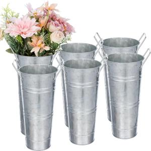 Set of 6 Galvanized Metal Vases 10inch Small Rustic Flower Bucket Flower Vases for Bouquet Farmhouse French Flowers Bucket with Handles for Home Decor and Wedding Table Centerpiece Decor
