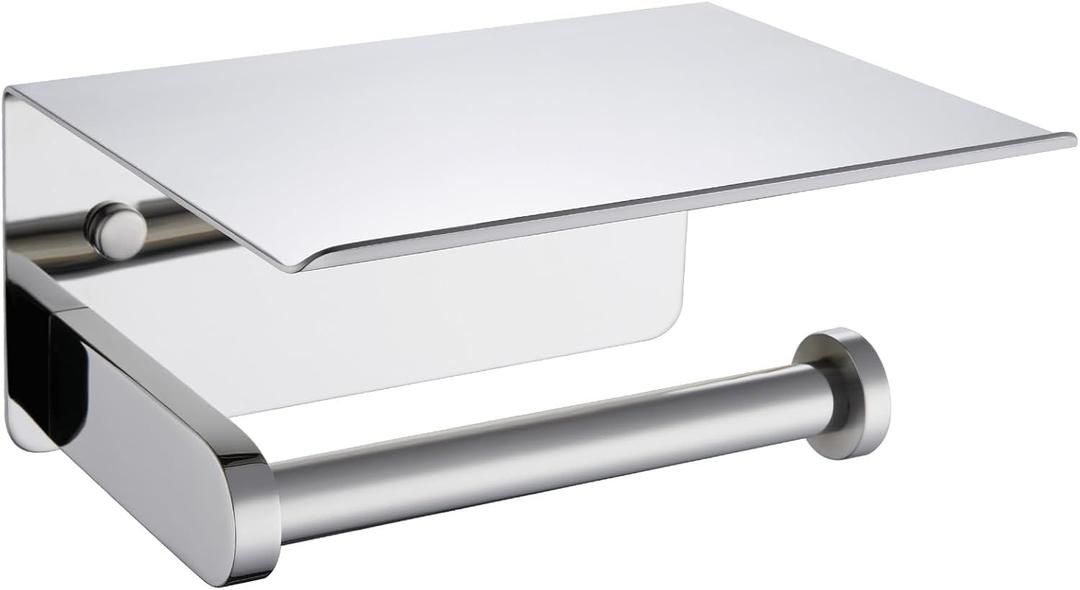APLusee Toilet Paper Holder with Phone Shelf Polished Chrome, SUS 304 Stainless Steel Bathroom Accessories Tissue Roll Dispenser Storage Wall Mounted