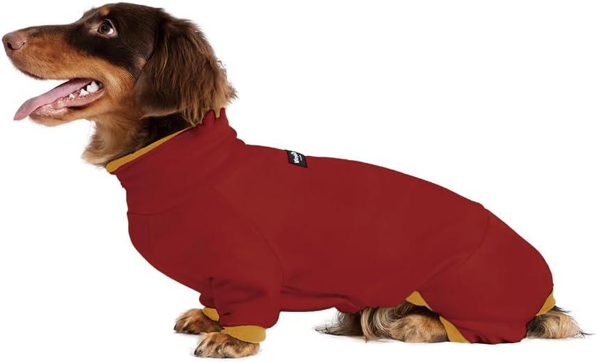 WienieDay Dachshund Dog Turtleneck Sweater, Adjustable Polo Collar with Zipper, Four-Legged Warm Double Fleece, Stretchy Clothes for Mini Dachshunds (Red, Large)