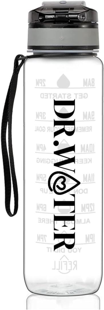 Dr. Water Sports Water Bottle, 32oz Motivational Sports Water Bottle with Time Marker - Times to Drink - Tritan, BPA Free, Wide Mouth Leakproof, Grey (1 Bottle) Transparent see through