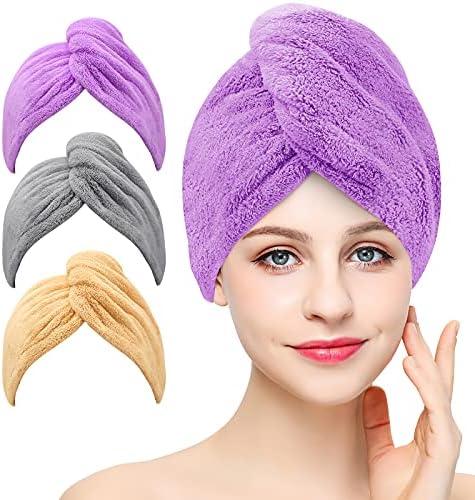 BEoffer Microfiber Hair Towel, 3 Packs Hair Turbans for Women, Men,Kids, Quick Dry Hair Wrap Towels for Curly,Long, Curly Hair Anti Frizz (Gray+Khaki+Purple)