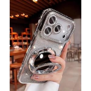 Compatible with iPhone 17 Pro Max Case with Stand for Women, (2 in 1 Clear or Glitter Case), Cute Bling Sparkly Glitter Ring Holder Kickstand, Camera Protector, [Compatible with Magsafe], Silver