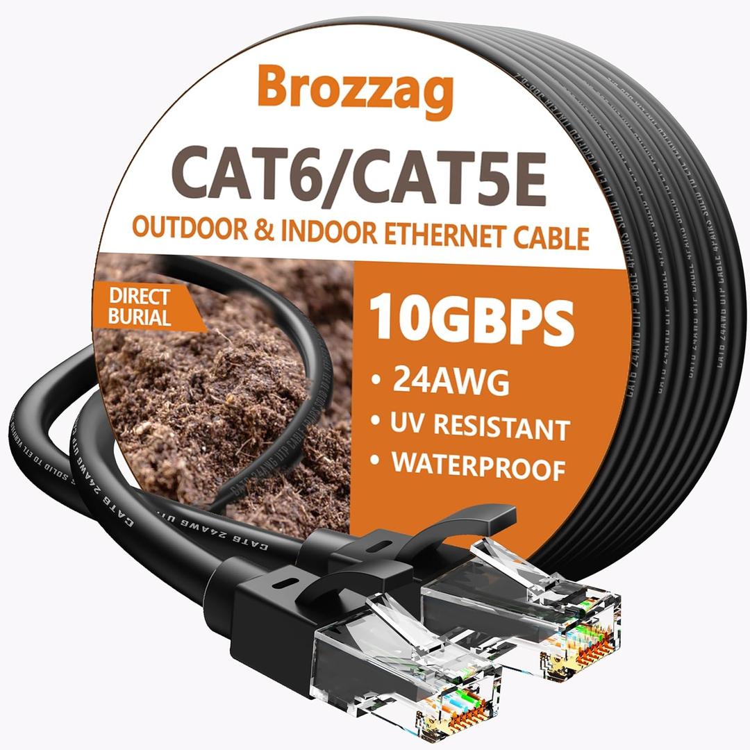 100 Ft Ethernet Cable for Cat5E/Cat6, 10Gbps 24AWG Cat6 Network Cable, Direct Burial Cable, UTP, LLDPE, RJ45 Patch LAN Cord, Waterproof, Indoor&Outdoor, Cat 5E Internet Cable in Black for PC