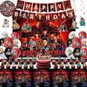 125Pcs Birthday Party Decorations Kit - Backdrop, Tablecloth, 15 Birthday Banner, 18 Balloons, Big Topper, 24 Cupcake Toppers, 6 Hanging Swirls, 60 Stickers for Themed Decor