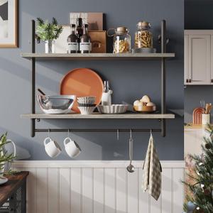 Bestier Pipe Shelf Industrial Floating Shelving 31" Kitchen Wall-Mounted Shelves with 8 Towel Bar Hooks Coffee Bar Shelf Wine Hanging Display Rack Bookshelf Living Room Decor Bathroom-Retro Grey (31.5 Inch)