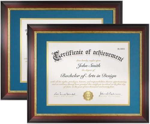 FrameMind 8.5x11 Diploma Frame with Blue over Gold Acid-free Mat or Display 11x14 Document without Mat, Certificate Frame with Tempered Glass, Tabletop or Wall Mount (2 Pack, Mahogany/Blue)