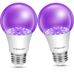 EvaStary LED Black Light Bulbs, 10W A19 Black Light Bulb for Halloween Decor, LED UVA 380-400nm UV Black Lights, E26 Base Blacklight Glow in Dark, Body Paint Fluorescent Poster Glow Party, 2 Pack