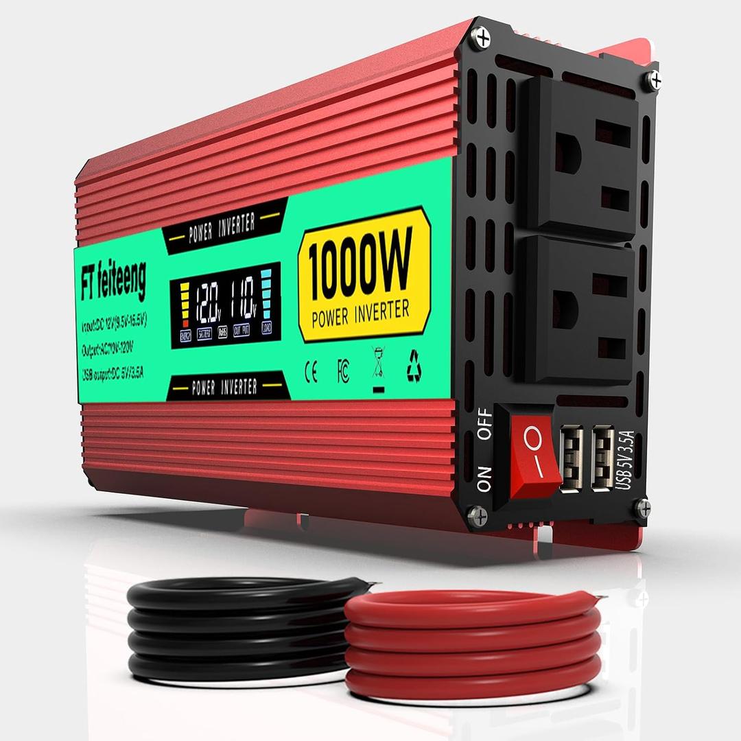 1000 Watt Power Inverter, Car Inverter 12V to 120V with 2 AC Outlets, 2 USB Ports, Cooling Fan, Cables and LED Screen for Vehicles, Home Use and Outdoor Camping