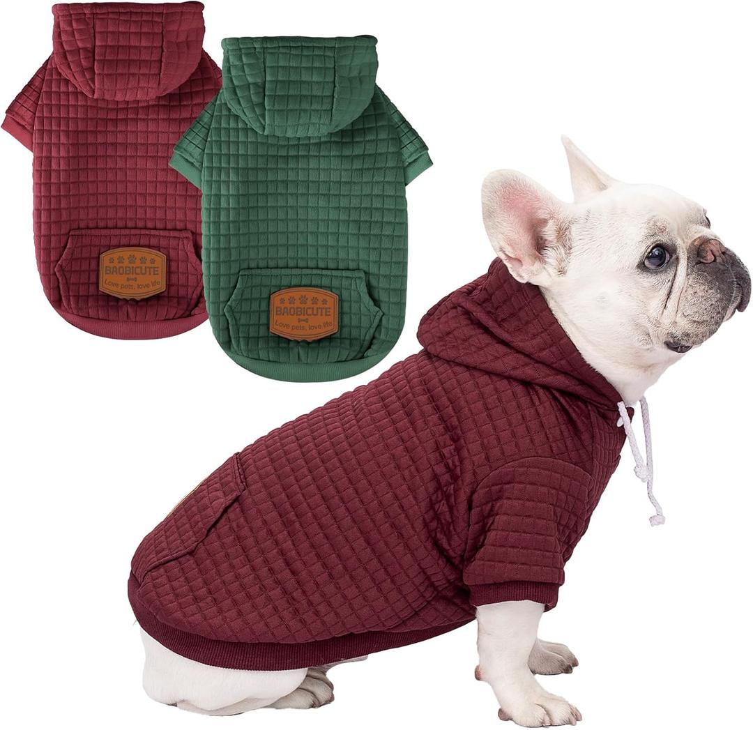 2 Pack Dog Hoodie Sweaters for Small Medium Dogs Warm Dog Clothes for Large Dogs Soft Waffle-Like Laminated Sweatshirt Bulldog (Dark Green+Wine Red, L (Back: 19",Chest: 28", Neck: 17.5")