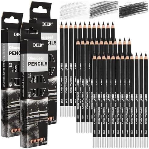 Geyoga 36 Pcs Professional Charcoal Pencils Soft, Medium and Hard for Drawing Charcoal Pencils for Sketching Shading Drawing Blending Portrait(Black,Assorted)
