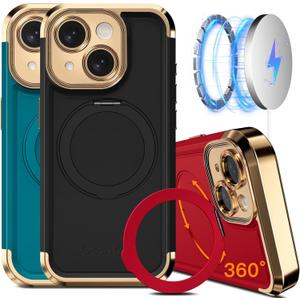 COOLQO for iPhone 14 Case 6.1'' Upgraded 360 Spin Magnetic Stand [Compatible with Magsafe][Military Grade Drop Protection] Shockproof Protective Phone Holder Cover for iPhone 14, Black Gold