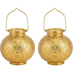 TRIROCKS Set of 2 Moroccan Style Metal Table Lamp 7'' High Battery Powered Cordless Lamp with LED Lights Bulb Perfect for Home Living Room Parties Tabletop Indoors (Gold)