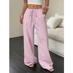 Summer Women's Casual Pants Loose Fit Beach Pants High Waist Drawstring Wide Leg Trousers Pockets Pink, L